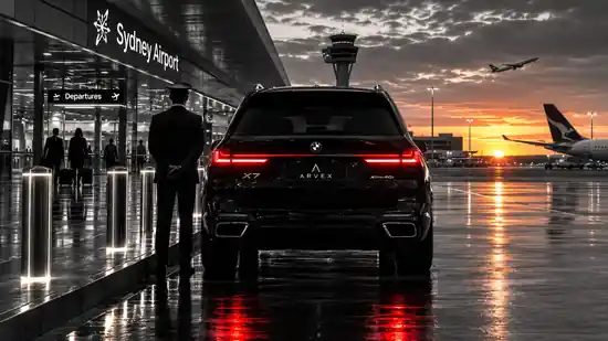 Arvex chauffeur standing beside BMW X7 at Sydney Airport departures at sunset